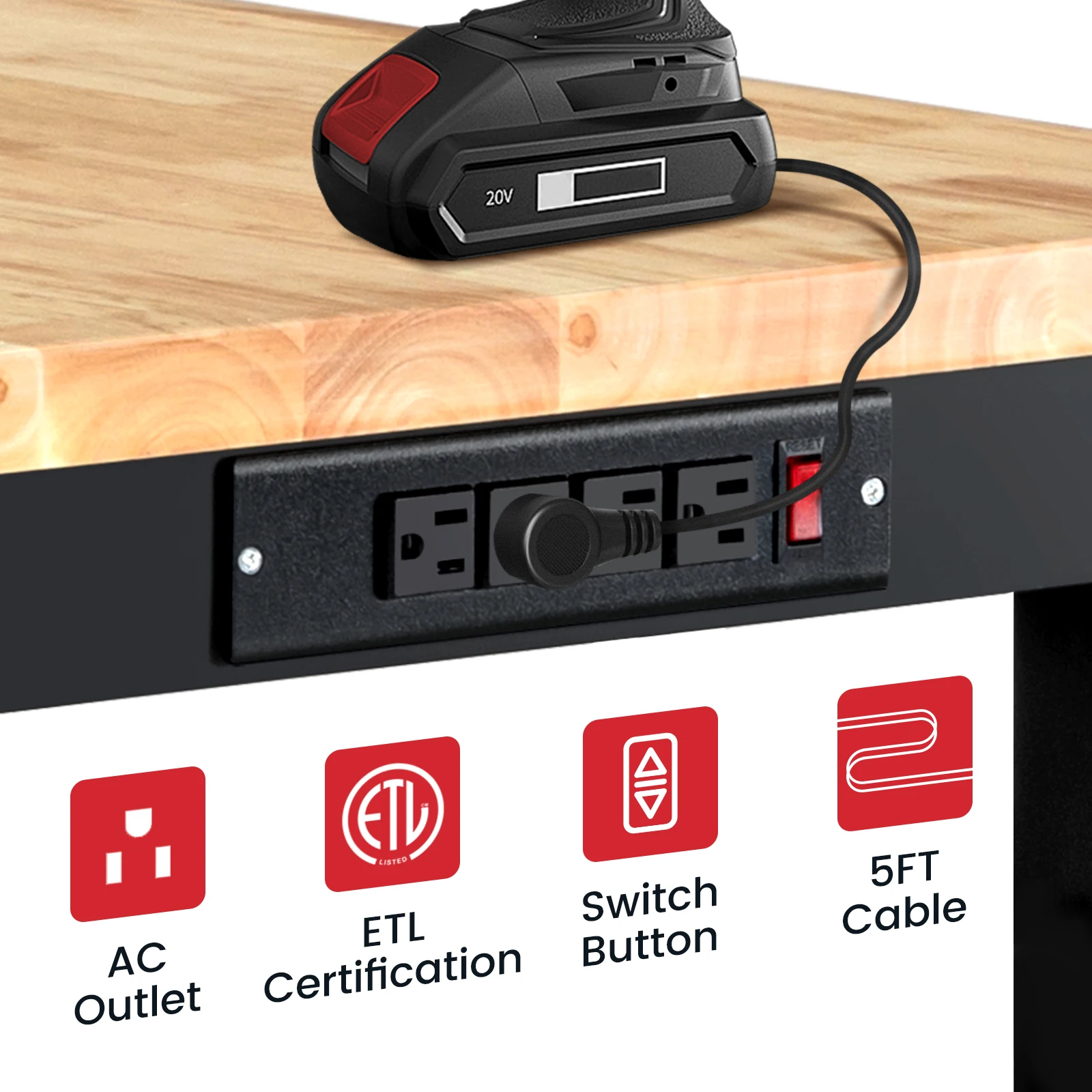Adjustable Height Wood Workbench Table with Power Outlet