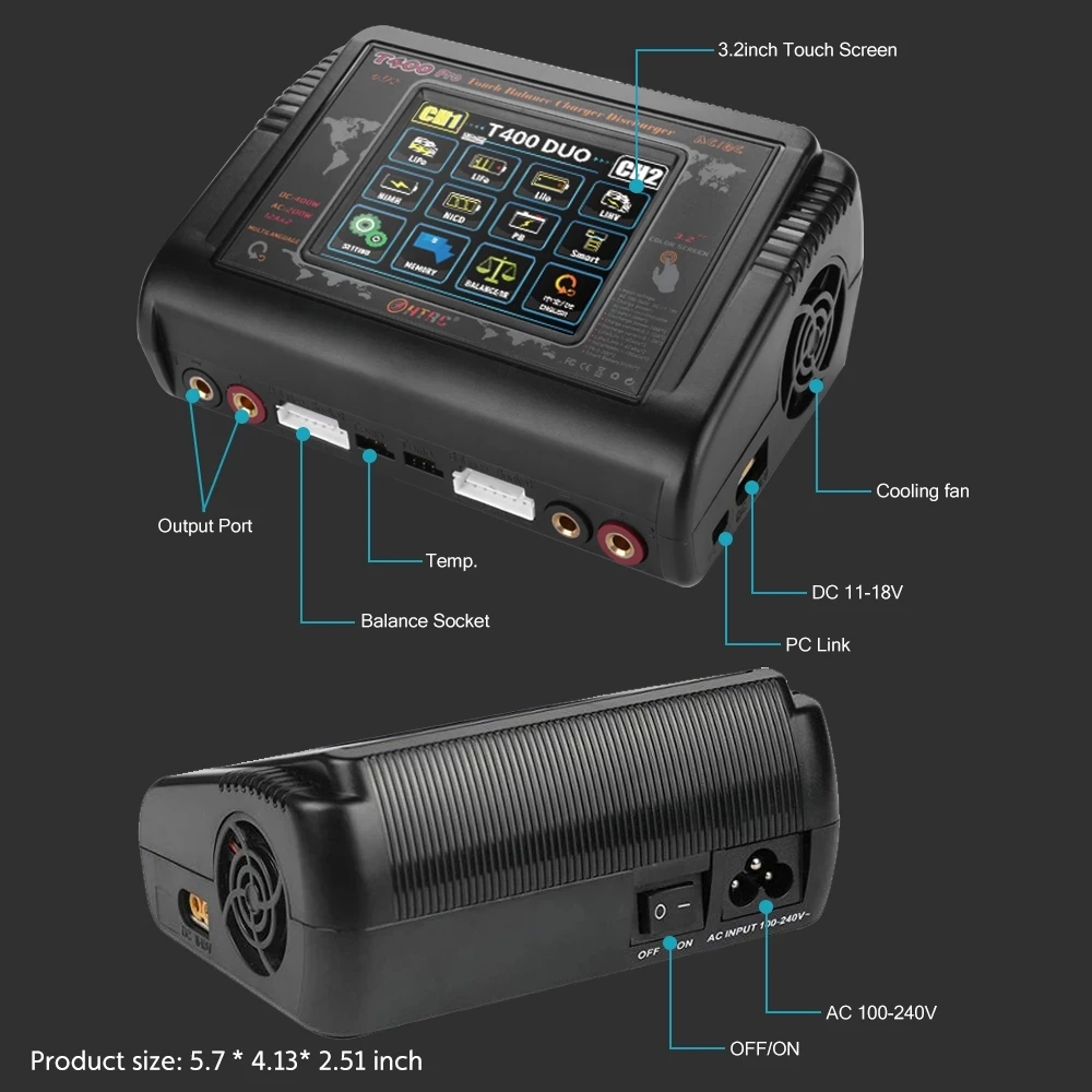 HTRC T400 프로 리포 배터리 충전기 DC 400W AC 200W 12A*2 방전기 RC 충전기 리포 리HV 리페 리론 니카드 니마하 Pb 배터리용