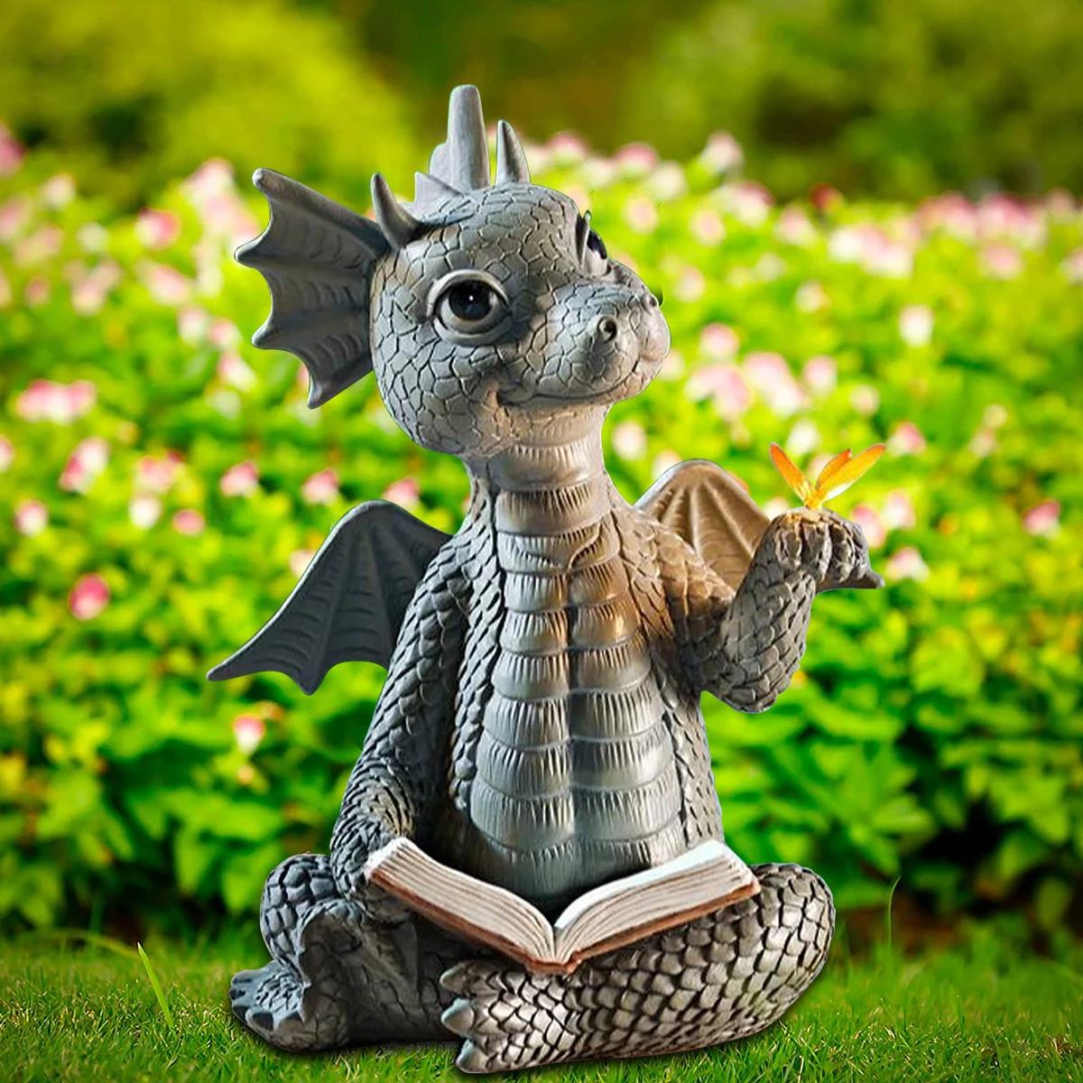 Garden Reading Book Little Dragon Sculpture Cute Dragon Statues Resin Sculptures Art Ornament Lawn Yard Home Decor Resin Statue Resin Handicraft Ornaments Garden Statue Resin Ornament Resin Ornaments Garden Decoration Animal Ornaments