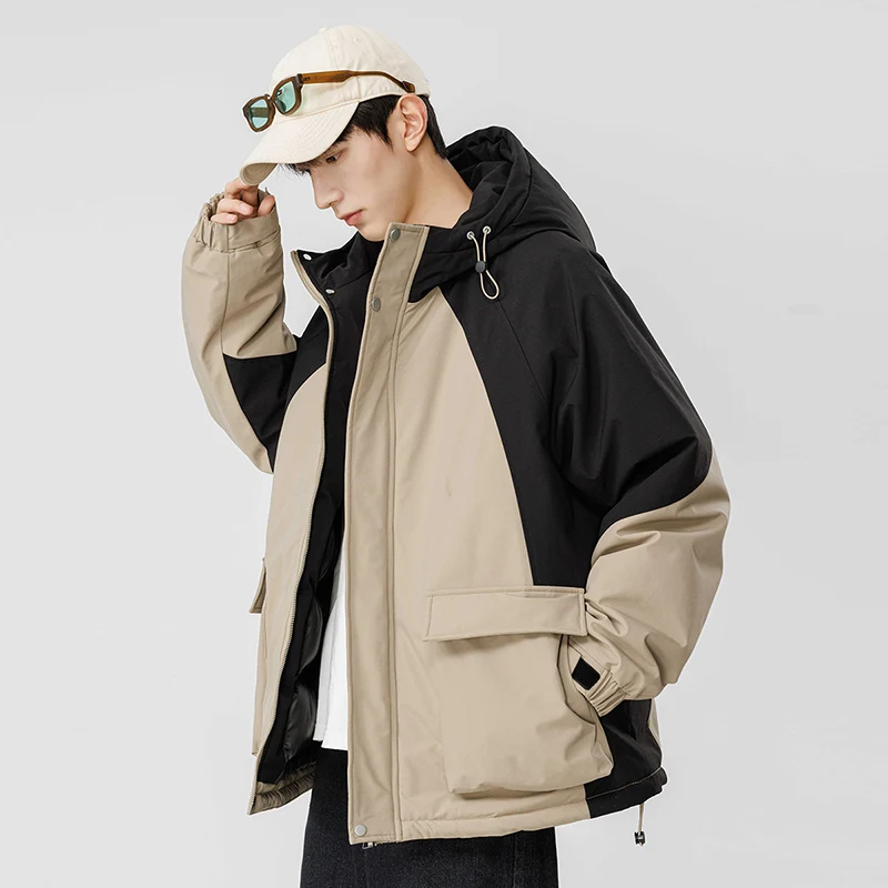 Outdoor Men's Winter Padded Jacket Hooded Zip-up Patchwork Windbreaker Waterproof Outerwear Hiking Fashion Thick Warm Parkas