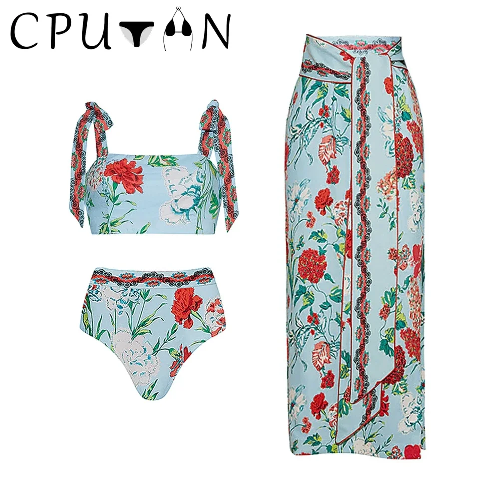 

CPUTAN 2023 New Sexy 3 Piece Bikini Set Floral Print Swimwear Ruffle Swimsuit Brazilian Vintage Beach Dress Bathing Suit Skirt