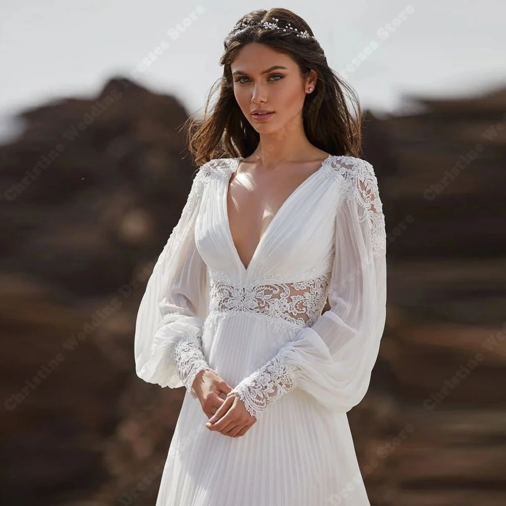 Elegant Women Wedding Dresses Deep-V A-Line Lace Bridal Gowns Backless Mopping Length Lace Printing Vestidos De Novia Customized - 3