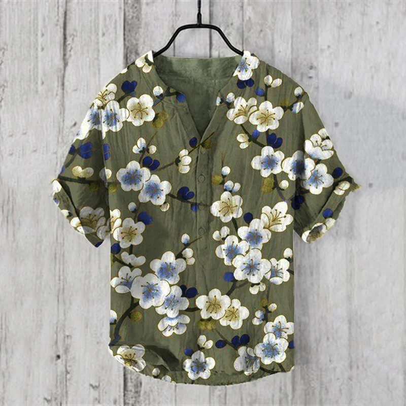 Men's casual fashion outdoor seaside men's top shirt V-neck linen blend shirt new plus size