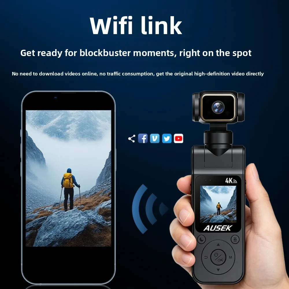 1.5인치 IPS 화면 포켓형 브이로그 카메라, WIFI 4K 핸드헬드 액션 카메라 (180도 회전 가능) ° 회전식 렌즈, 여행용 1000mAh 스포츠 캠코더
