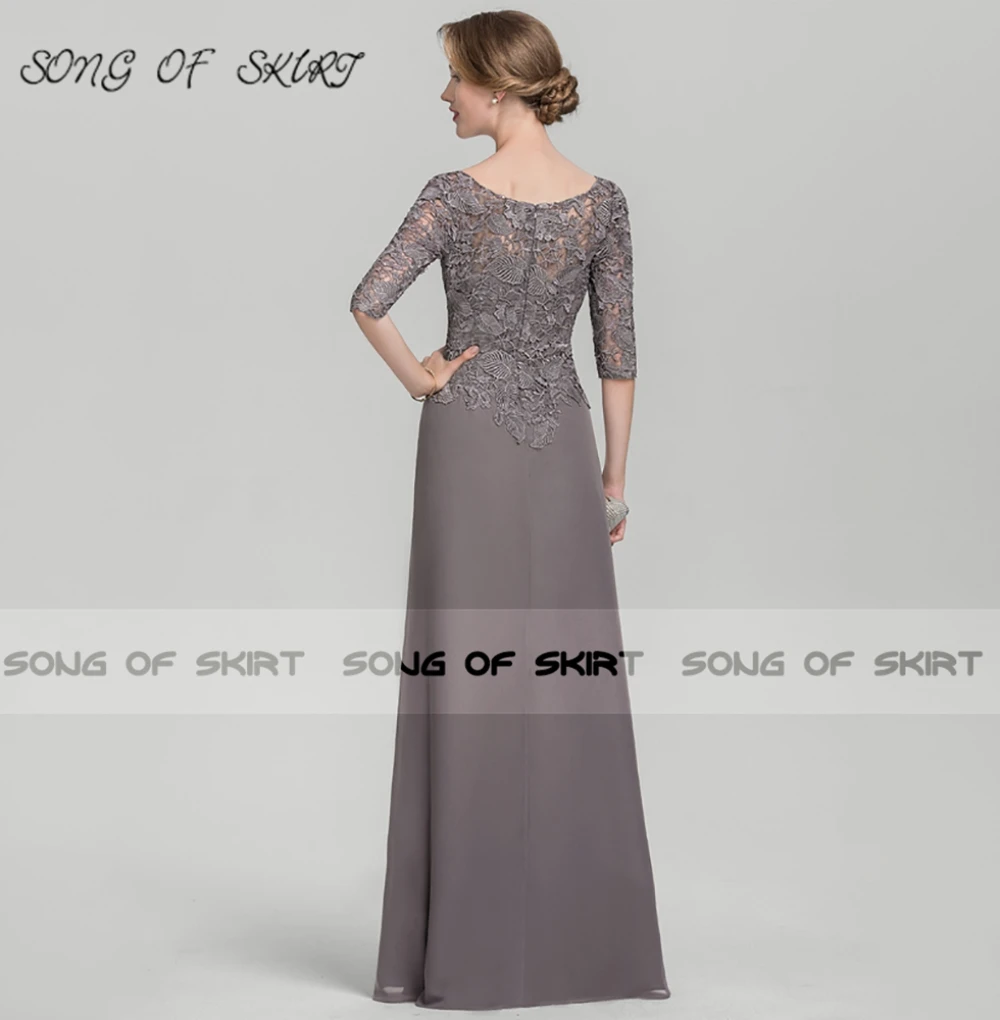 Mother Of Bride Dresses Grey Mermaid Long Lace Chiffon O Neck Mom Wedding Guests Evening Formal Gown