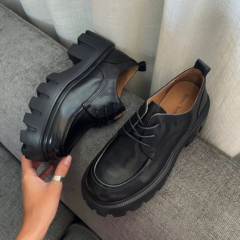 Women Shoes Casual Shoes Platform Shoes Women Genuine Cow Leather Round Cross Tied Closure Chunky Sole Ladies Casual Shoes Handmade 21894