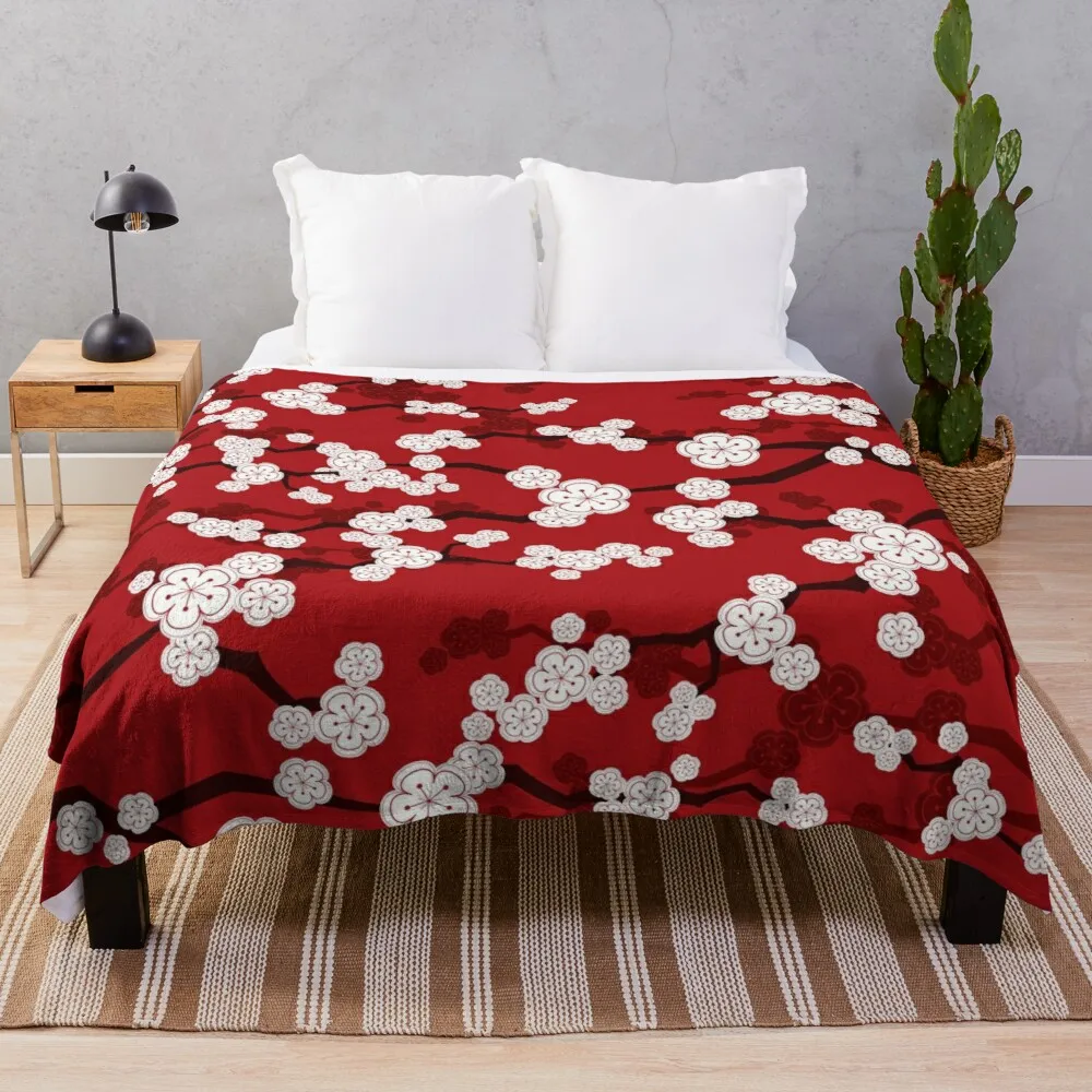 

White Oriental Cherry Blossoms On Red | Zen Japanese Sakura Flowers  fatfatinThrow Blanket