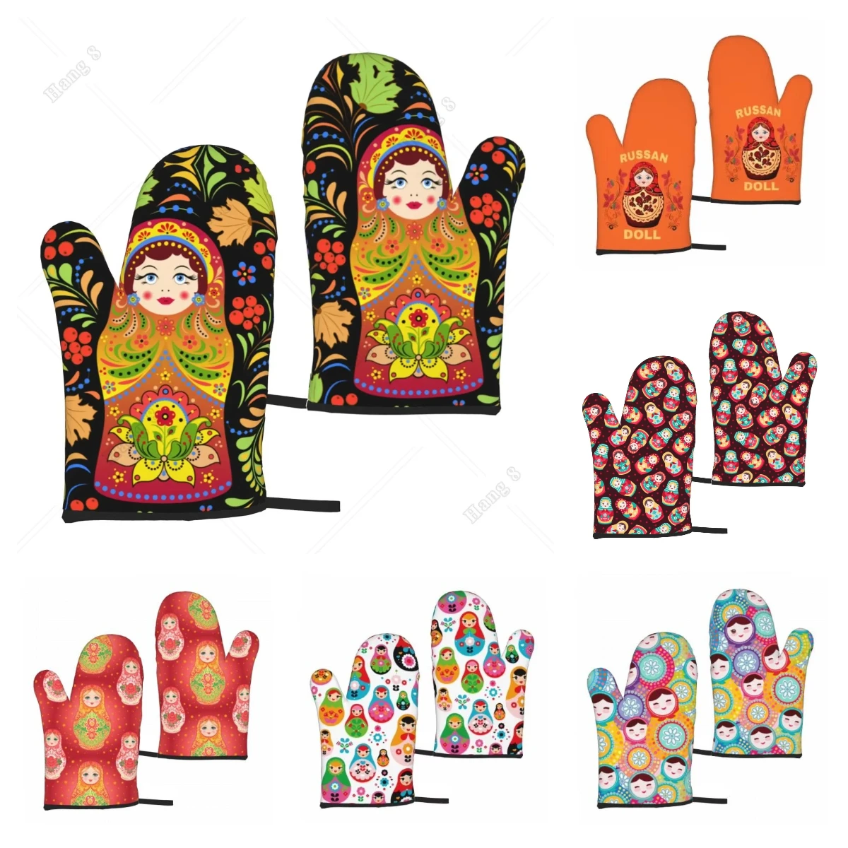 Fashion Print Russian Babushka Matryoshka Doll Set of 2 Kitchen Gloves Women Men Oven Gloves Heat Resistant for BBQ Cooking kitchen gloves