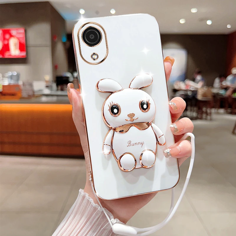 Charming Rabbit Phone Case with Plating Cover, Lanyard, and Stand