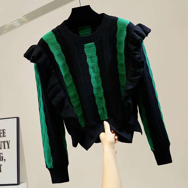Stylish Ruffles Short Sweater Crop Tops Women 2023 AutumnNew Arrival Long Sleeve O-neck Chic Vintage Streetwear Jumper Knitwear