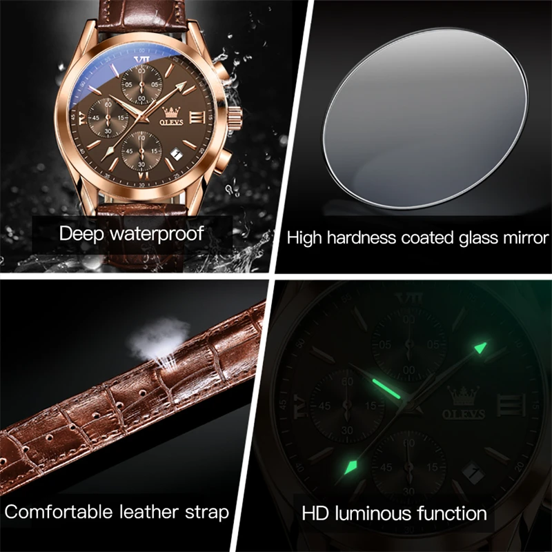 OLEVS Mens Watches Top Brand Luxury Chronograph Quartz Watch Men Sport Leather Waterproof Luminous Date Business Wristwatch Male