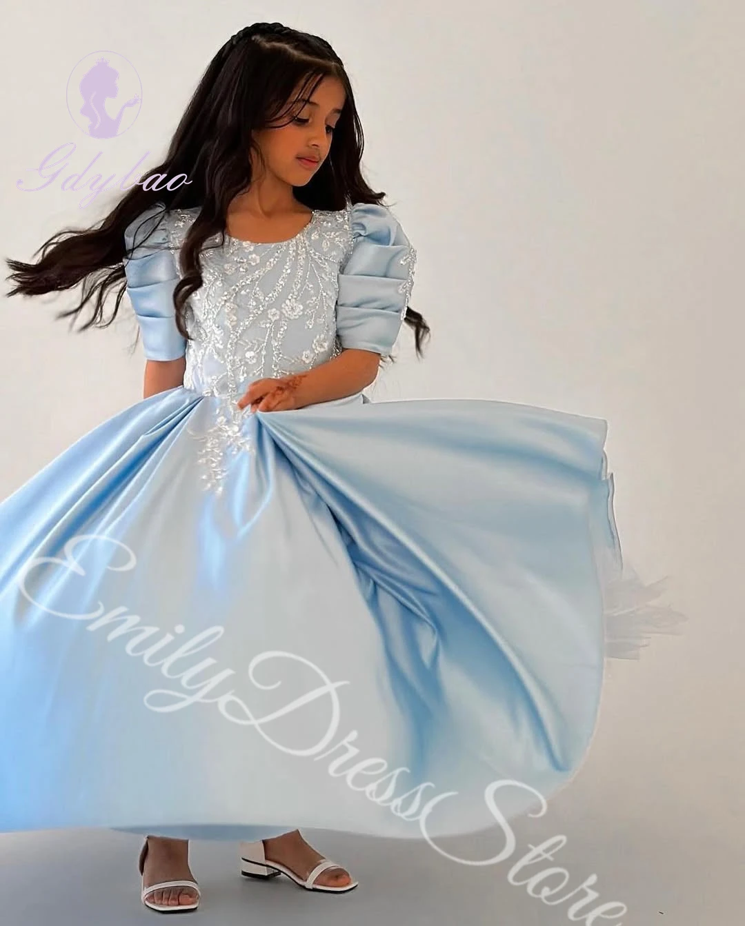 Customized Sky Blue Flower Girl Dress For Wedding Satin Half Sleeves Puffy Applique Kids Birthday First Communion Ball Gowns 4