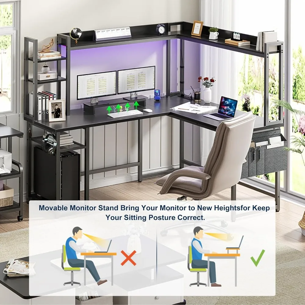 L Shaped Desk with Power Outlet, L Shaped Gaming Desk with Led Light & Hutch, Reversible Home Office Desk, Corner Computer Desk 6