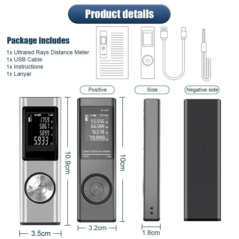 Mini Rangefinder Laser Distance Meter 40M 60M Digital Range Finder Rechargeable Area Volume Multi-angel Laser Measuring Tool