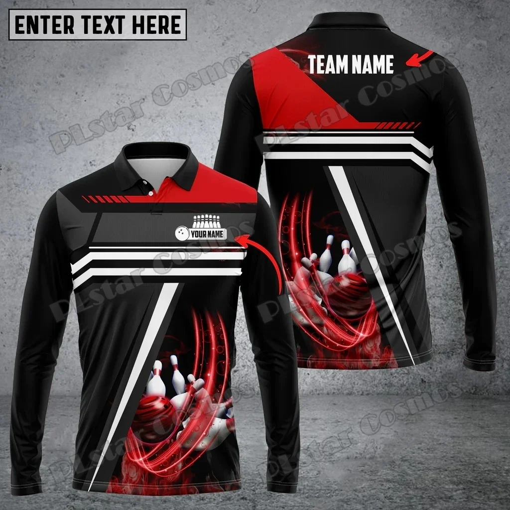 

Bowling And Pins Spinning Customized Name 3D Printed Men's Long Sleeve Polo Shirt Autumn Casual Unisex Lapel Polo Shirt PLP78
