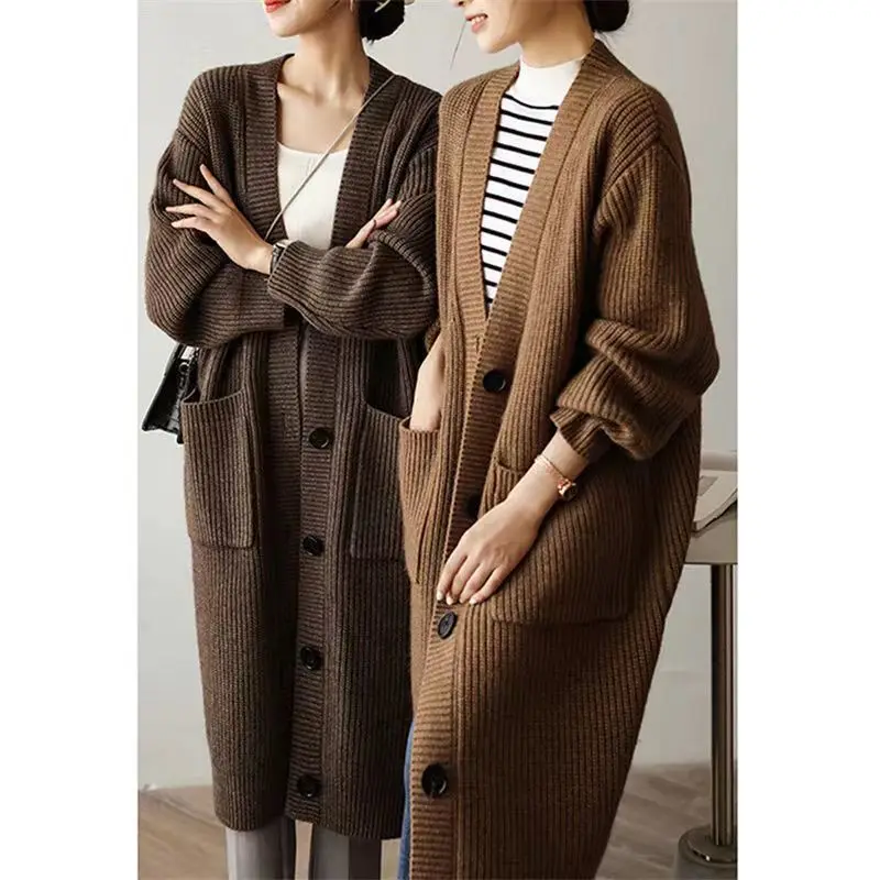 Japanese Medium to Long Knitted Cardigan Jacket for Women in Autumn and Winter Retro Loose and Thick Knit Sweater for Outerwear