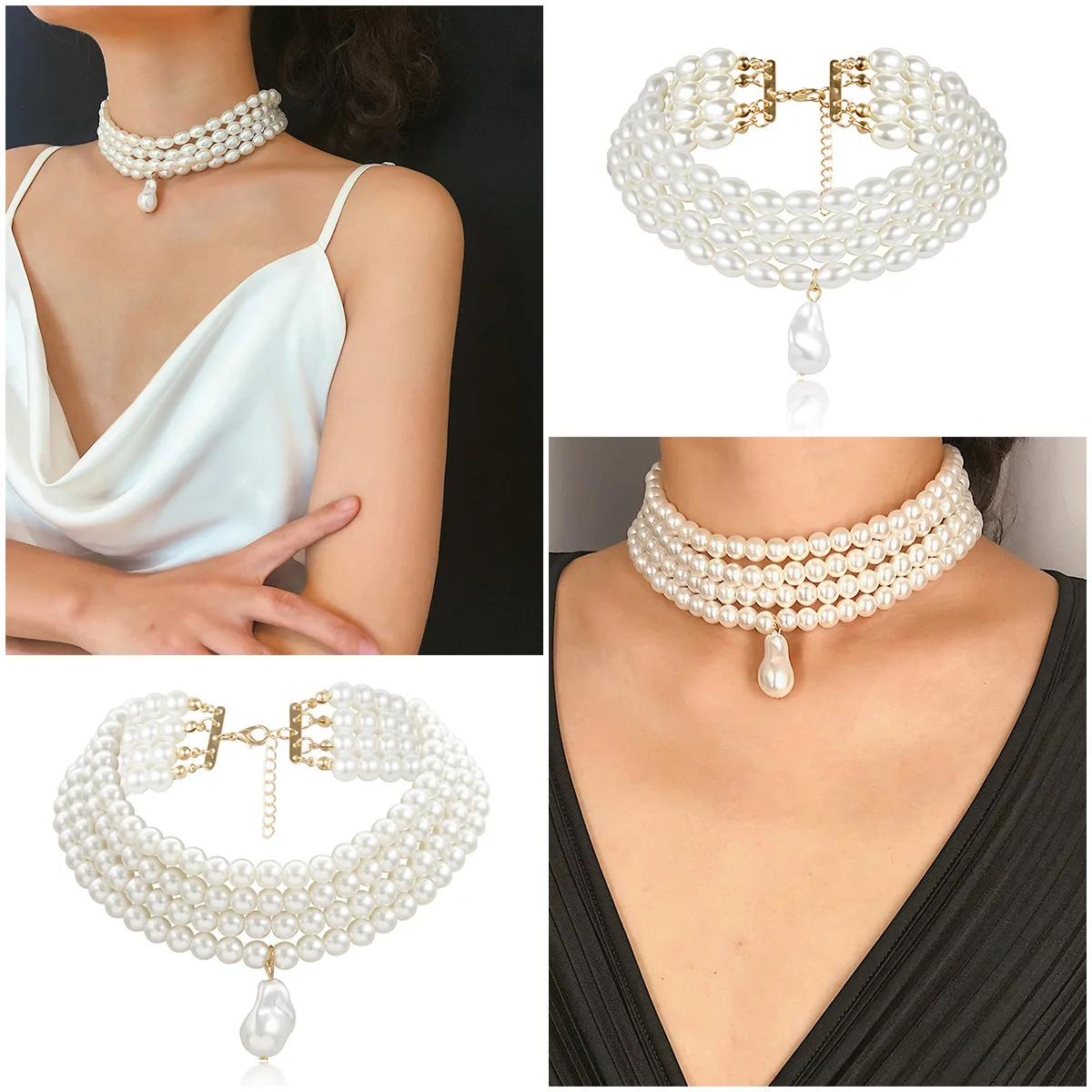 

Elegant Vintage Round Pearl Pendant Necklace for Bride Wedding Jewelry Women Multi-layer Beaded Chokers Necklace Collar