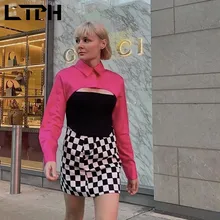 

LTPH checkerboard mini skirt women elegant high waist pocket A-line fashion black white plaid package hip skirts 2022 spring new