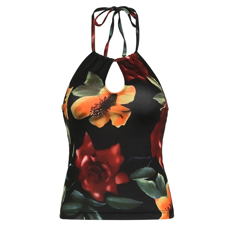 

Cut Out Front Women Sexy Halter Tank Tops Vintage Floral Print Backless Cami Top Y2K Fashion Slim Vest Summer Outfits