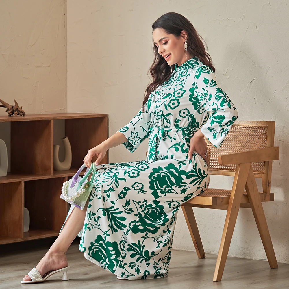 Fridayin Muslim Abaya Kaftan All Season Dignified Long Dresses with Belt for Women Printing Lapel Shirt Sleeve Skirts for Ladies