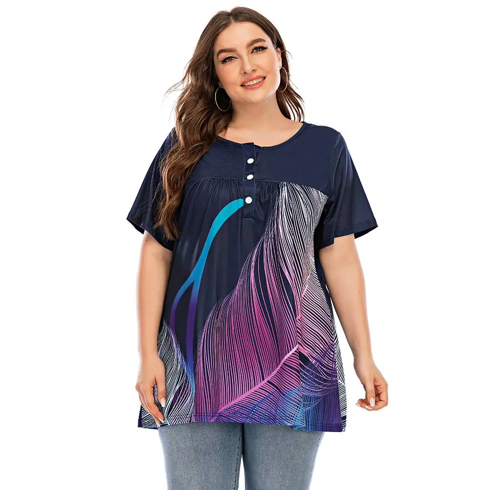 

Plus Size Womens Feather Printed Tunic Tops T-Shirts Button Round Neck Casual Short Sleeve Ruched Oversized Loose Peplum Top