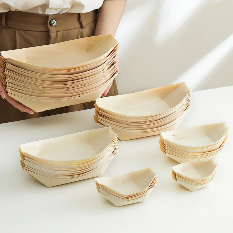 Disposable Wooden Veneer Boat Sushi Boat Packing Box Snack Plate
