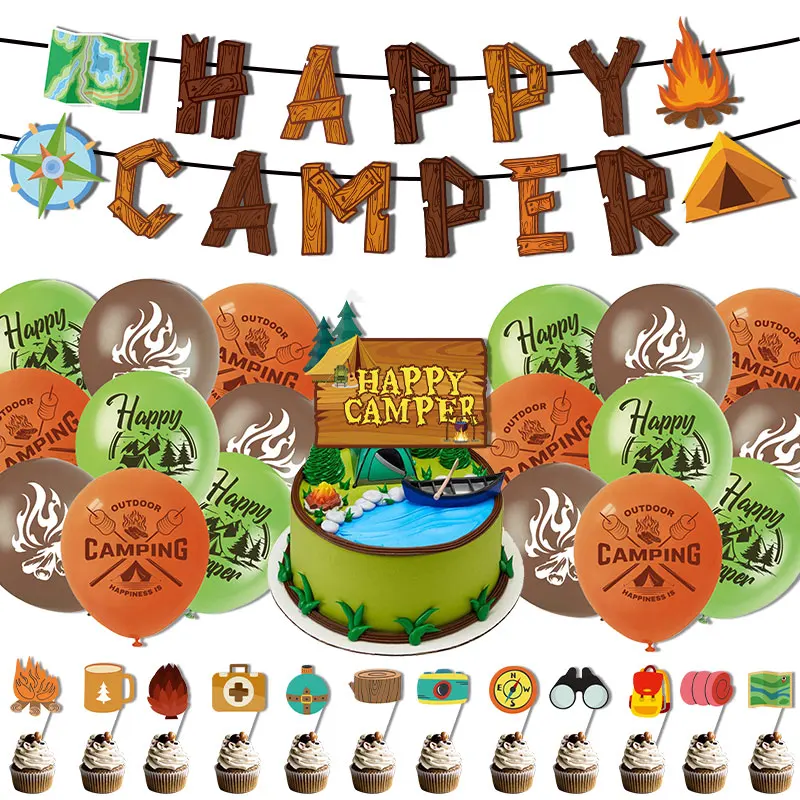 Outdoor Camping Motto Party Dekoration Papier Happy Camper Banner Kuchen Topper Latex Ballons Kinder Geburtstag Party Supplies
