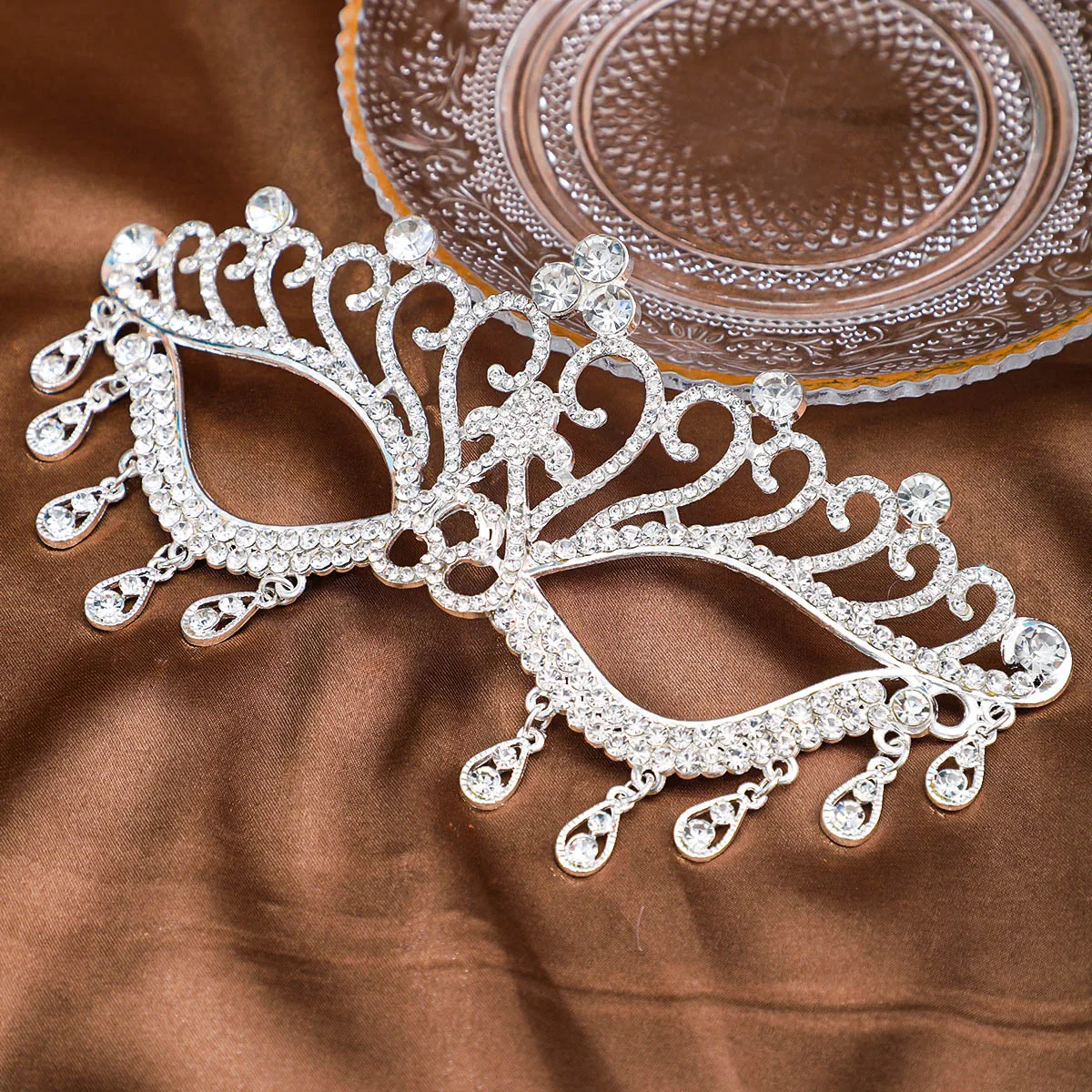 신부 가장 무도회 무도회 마스크, 머리 장식, 웨딩 파티 쥬얼리, 라인석 술 얼굴 마스크, 연회 원피스 액세서리