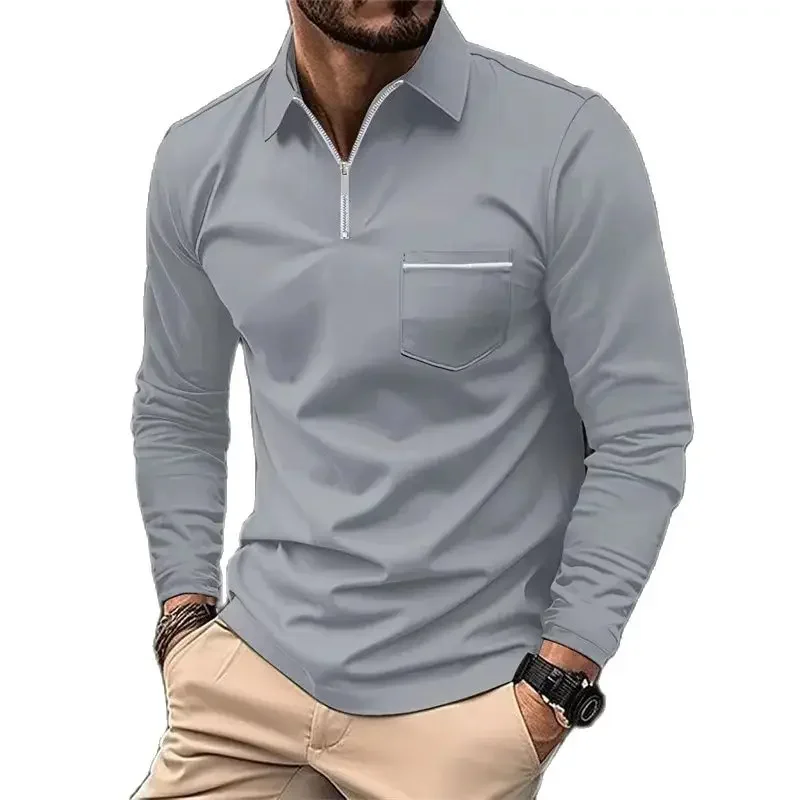

Elegant Men Office Commuter Polo Shirt Autumn Winter Long Sleeve Bust Patchwork Pocket Solid Color Tops Male Casual Sports Tees