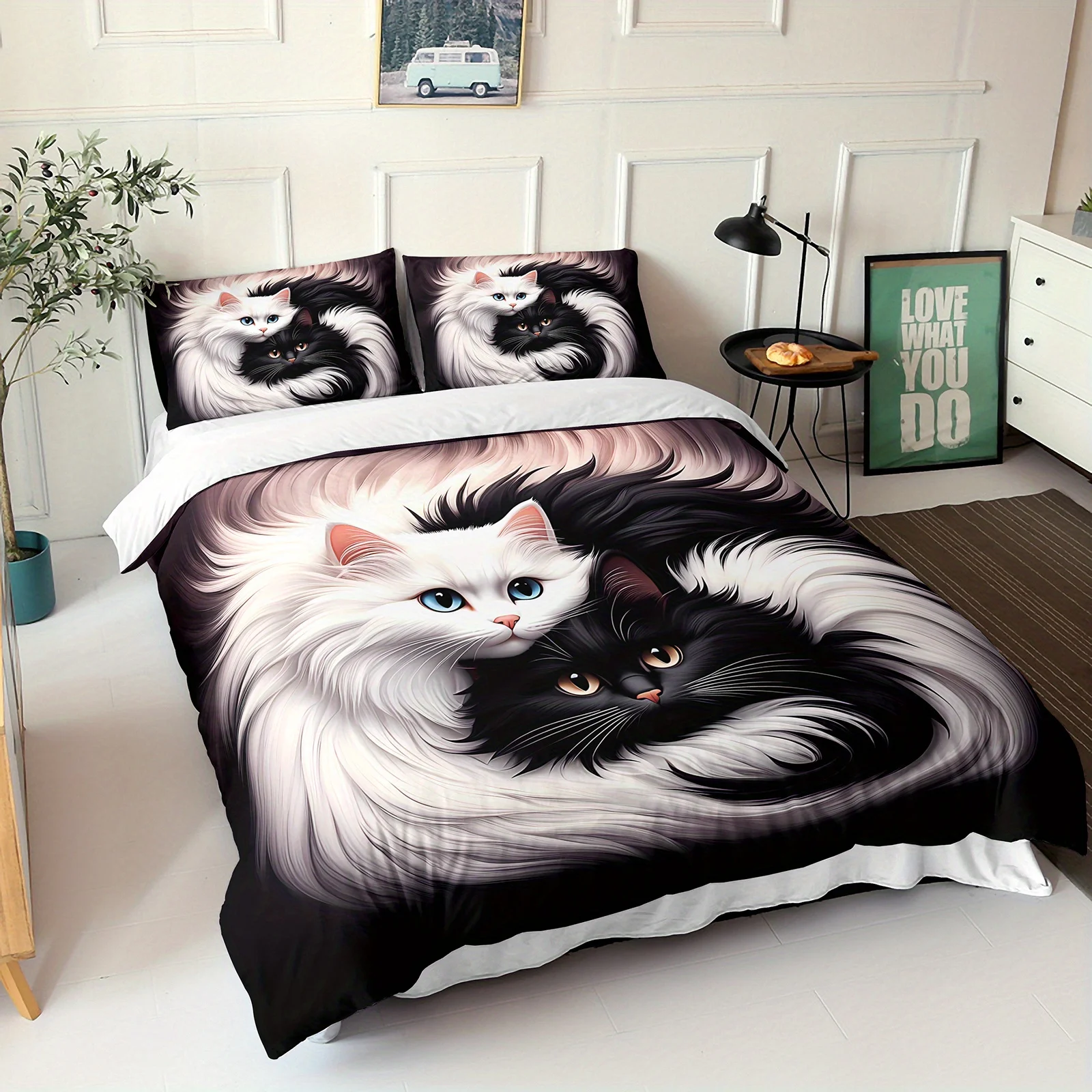 3pcs Cute Cat Duvet Cover Set Yin Yang Black White Cats Bedding Set Soft Microfiber Bedroom Decor Four Seasons