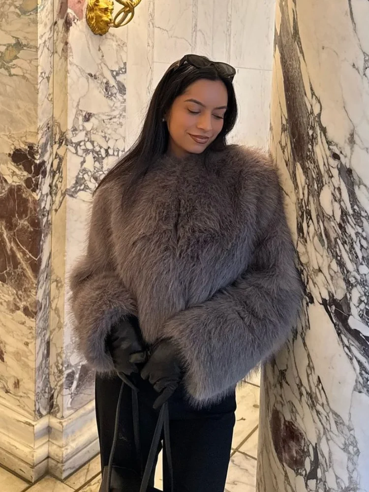Chic Grey Fluffy Faux Fur Jacket Women Elegant O Neck Long Sleeves Cropped Coats Autumn Winter Lady High Street Outwears