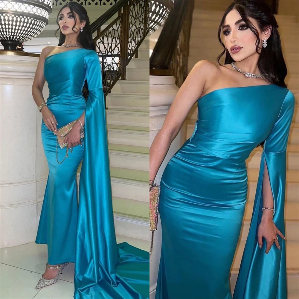 

Ball Prom Dresses Simple One-shoulder Sheath Cocktail Fold Draped Satin Occasion Evening Gown فساتين سهره نسائيه فخمة 이브닝드레스
