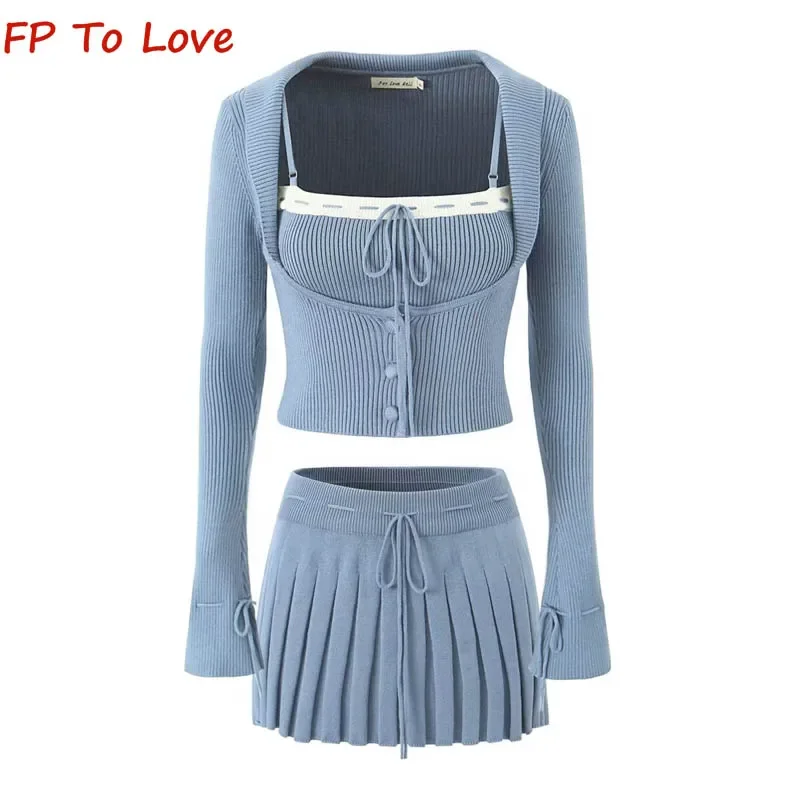 

Женская Осенняя короткая юбка-трапеция 2023, модная Милая трикотажная шикарная однобортная кофта из трех частей + эластичная стройнящая кофта