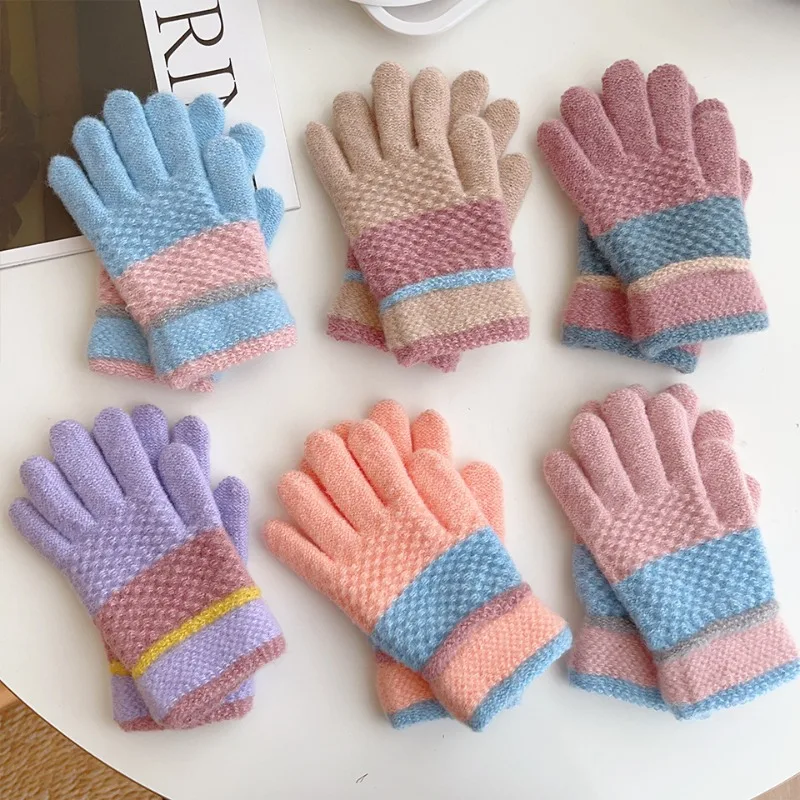 New Fashionable Kids Gloves Baby Clash of Color Knitted Warm Gloves Autumn and Winter Kids Cold Thickened Outdoor Riding Mittens