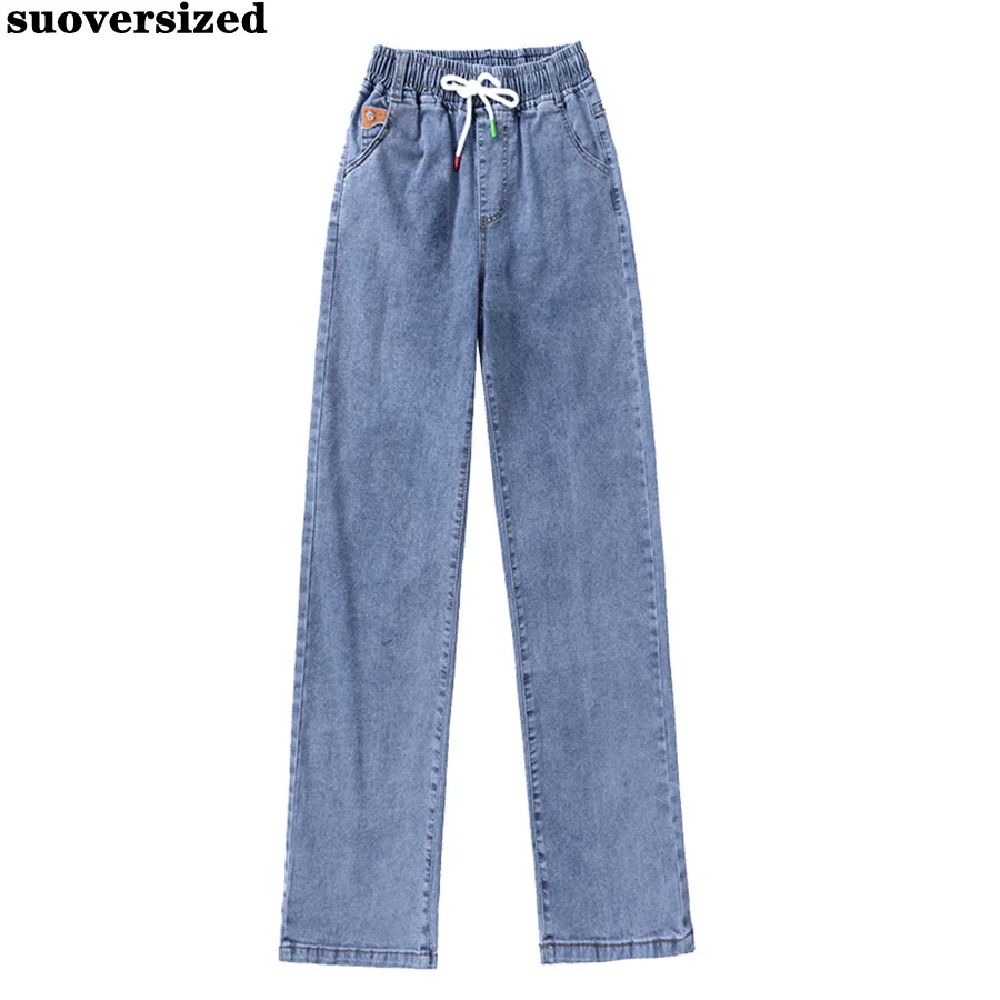 

Elastic High Waist Drawing Straight Jeans Women Denim Ankle-Length Pants Stretch Blue Trousers Casual Korean Pantalones