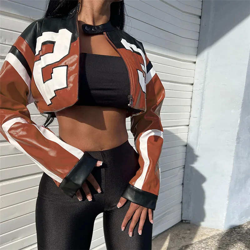 Women Fashion Letter Print PU Leather Crop Jackets Top