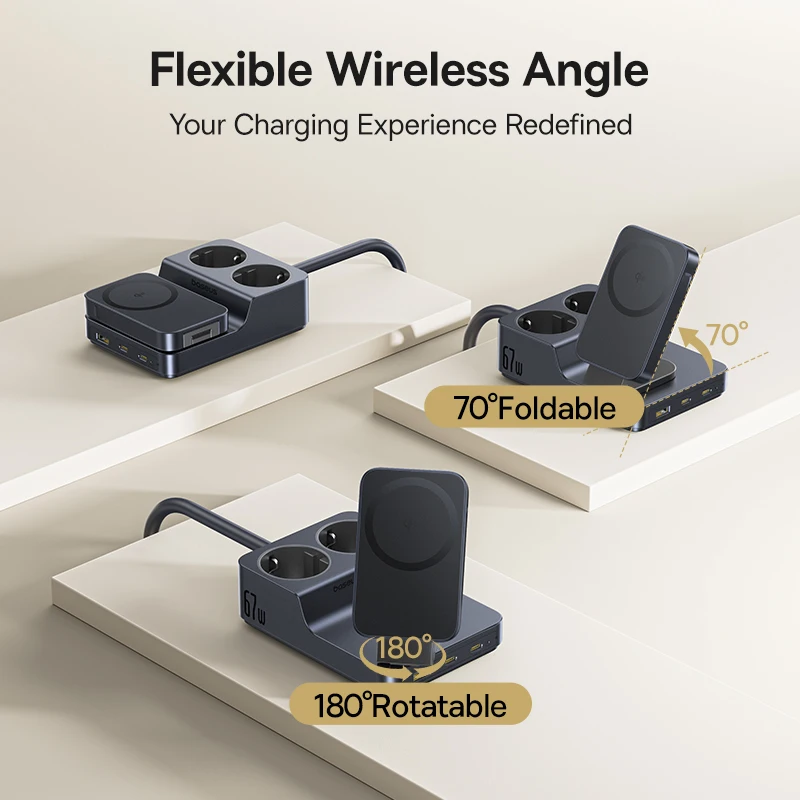 Baseus 6-in-1 Power Strip 67W Fast Charger with Qi2 Wireless Charger 2AC Socket USB C for iPhone Laptop Tablet Charging Station