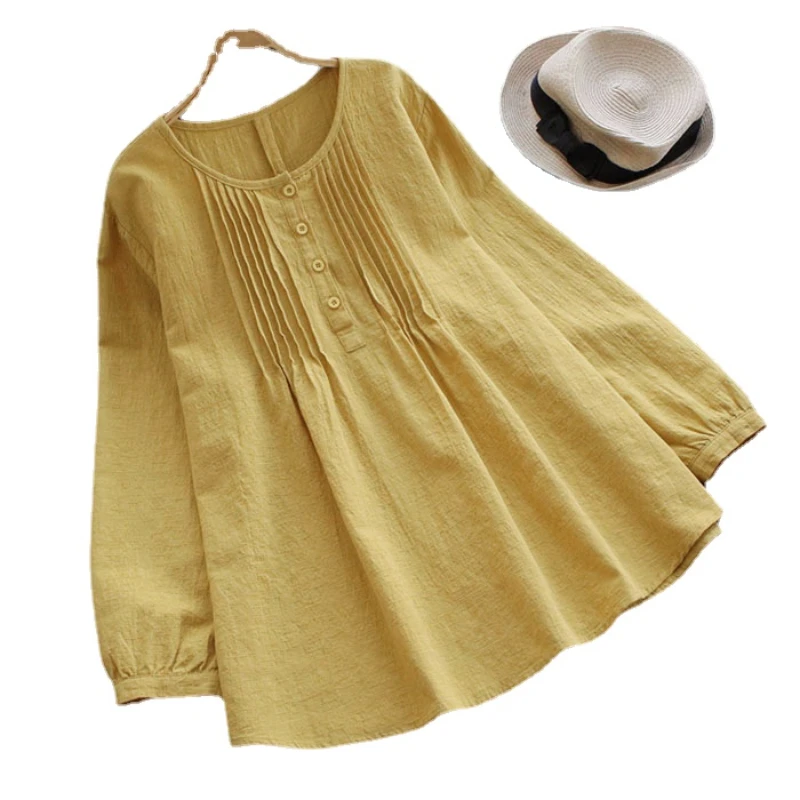 

2023 Autumn Loose Solid Color Cotton Line Long Sleeve Versatile Top Women's Shirts