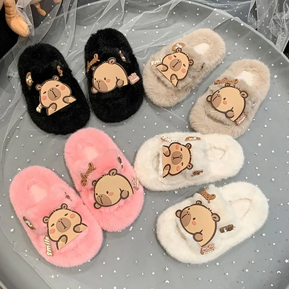 Creative Children Warm Capybara Slippers Kawaii Animal Capibara Plush Slippers Long Plush Rubber sole Winter Home Shoes Girls