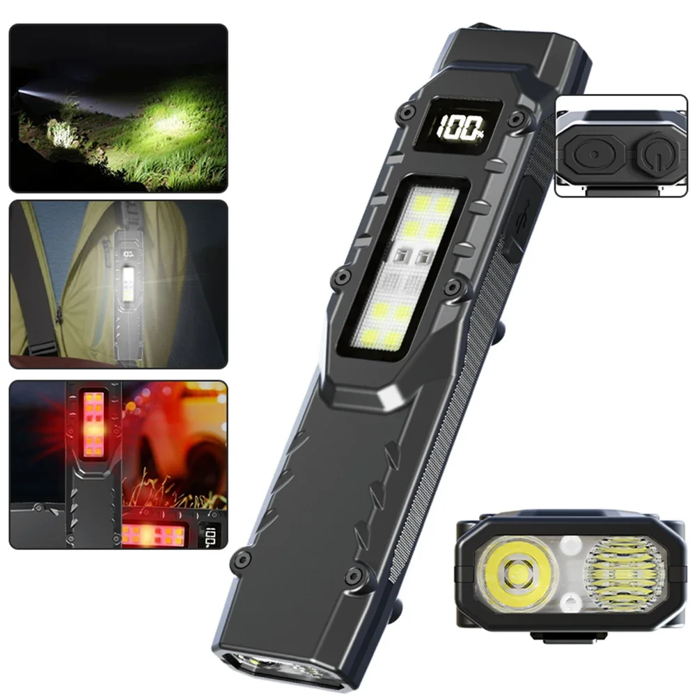 Portable Flashlight 1200 Lumens USB Rechargeable Pocket Flashlight IPX4 Waterproof LED COB Work Light for Camping Fishing