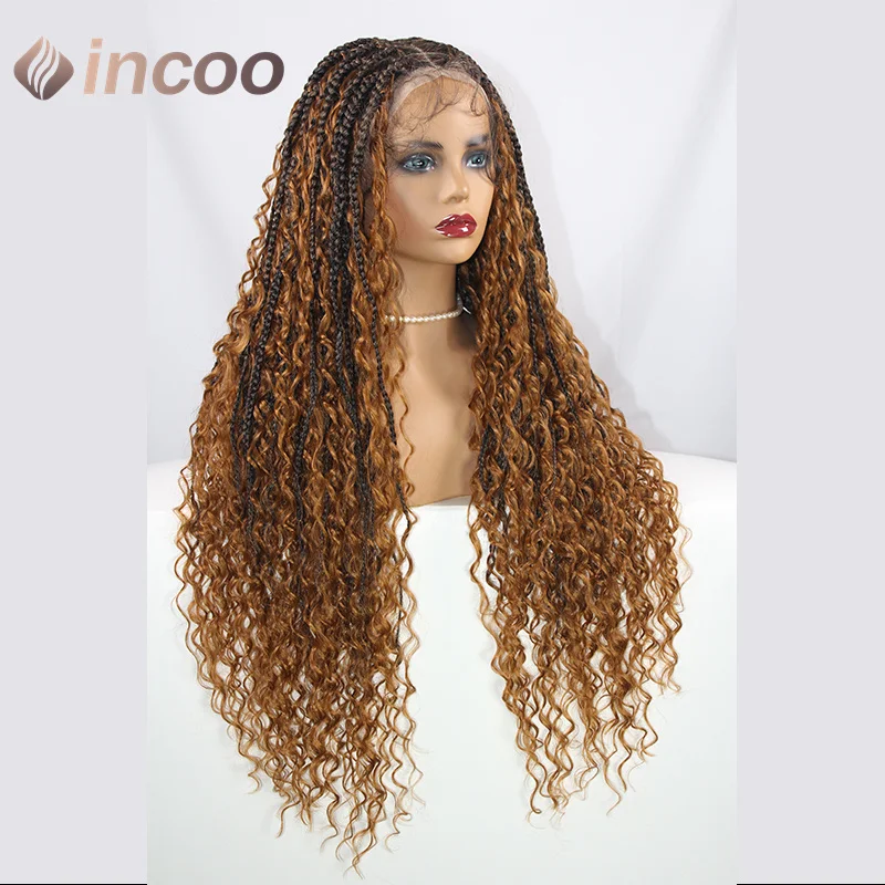 Boho Box Braid Wigs Ginger Blonde Wave Curly Synthetic Full Lace Front Wigs Pre-Plucked Baby Hair For Women 613 Box Braided Wig