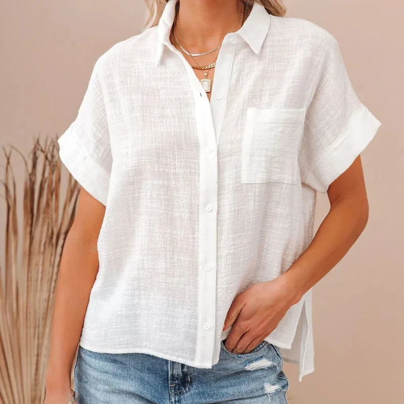 Stylish Solid Color Pocket Lapels Women's Short-sleeved Shirts Elegant Loose Lace-up Cardigans Single-breasted Casual Blouses