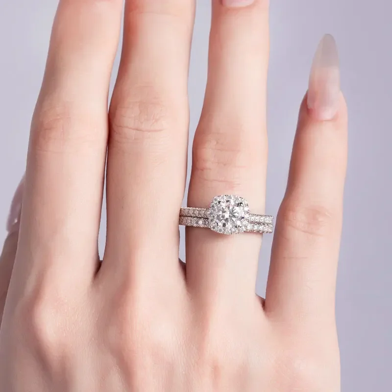 Total 2.18ctw Moissanite Wedding Rings Set For Women VVS D Color Round Cut Solid 925 Silver Lab Created Diamond Engagement