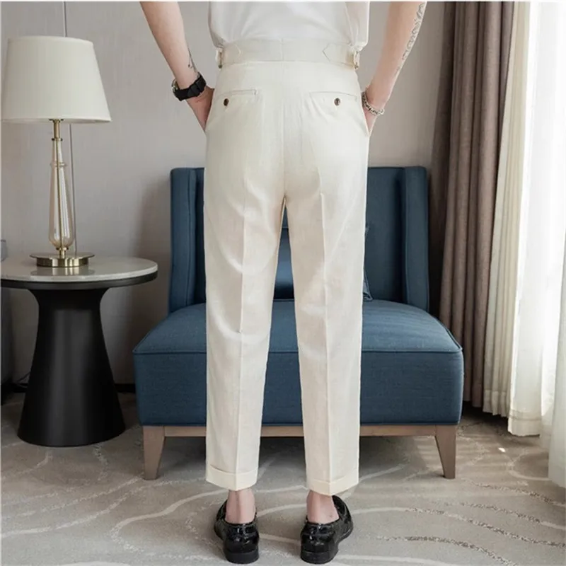 Summer Suit Pants Men Thin Cotton Linen Breathable Smart Casual Trousers Mens Solid Straight Dress Pants 90% Linen