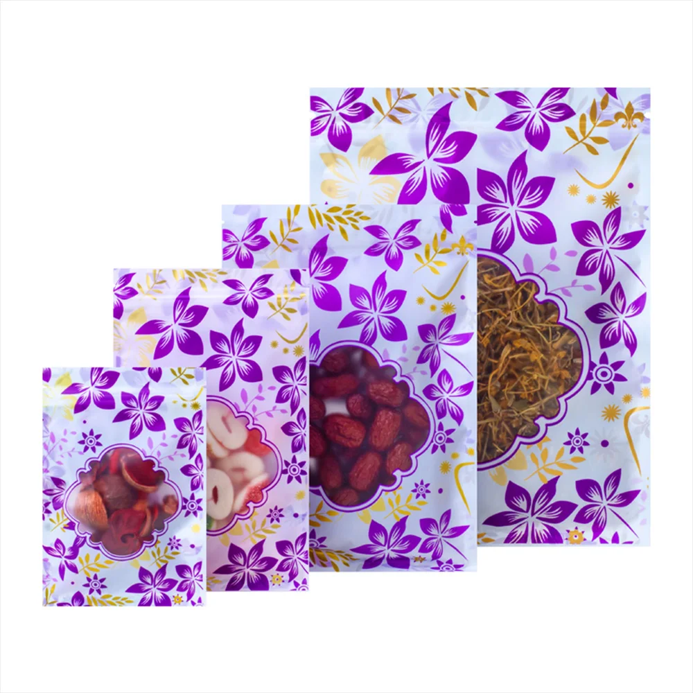 

100 шт. пурпурные пластиковые пакеты с застежкой-молнией для упаковки еды с окошком, перезаряжаемый пакет с зажимом для отрыва, запаянный пакет для орехов, закусок, кофейных зерен