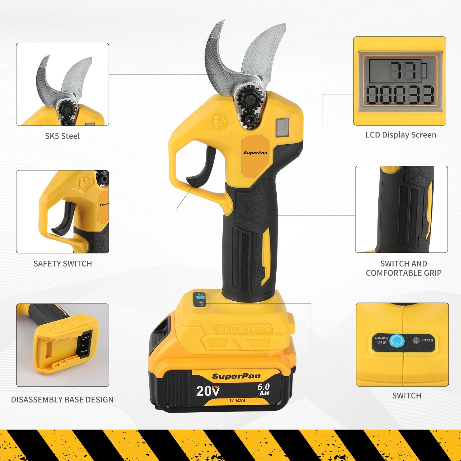 슈퍼팬 배터리 전정가위, 미끄럼 방지 손잡이, 대나무 전정용 2.5cm 절단, 디월트 20V 배터리 핀 호환