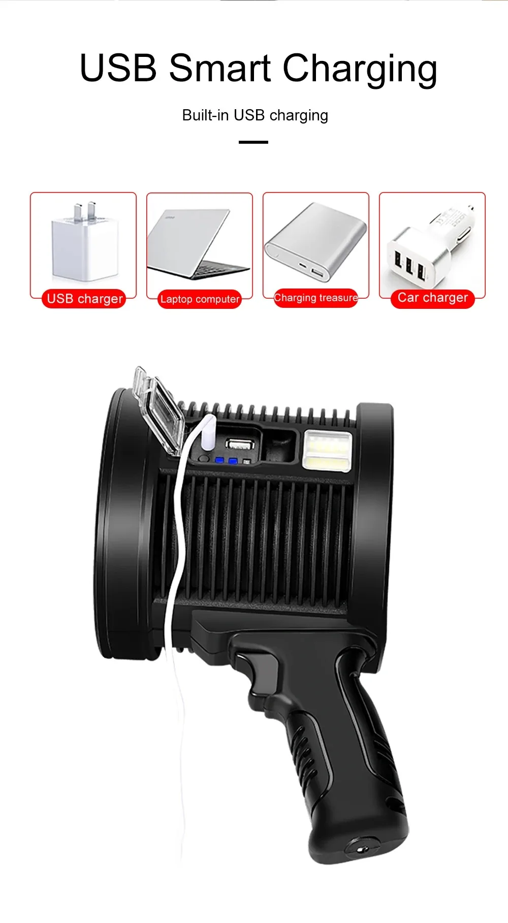 Description Picture 6 of itemPowerful Lantern High Power LED Flashlight Solar Panel USB Rechargeable Strong Searchlight With COB Side Lamp Torch For Outdoor