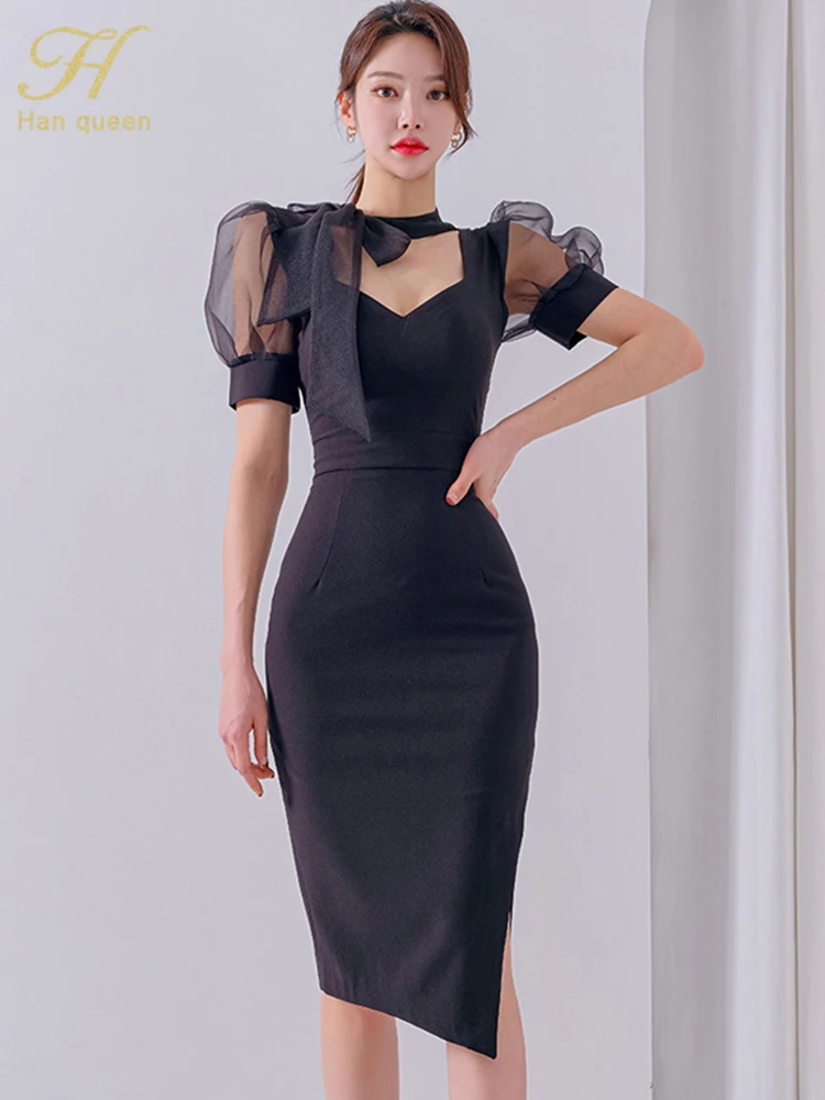 H Han Queen 2023 New Elegant Lace-Up Bow Vintage Dresses Women Korean ...