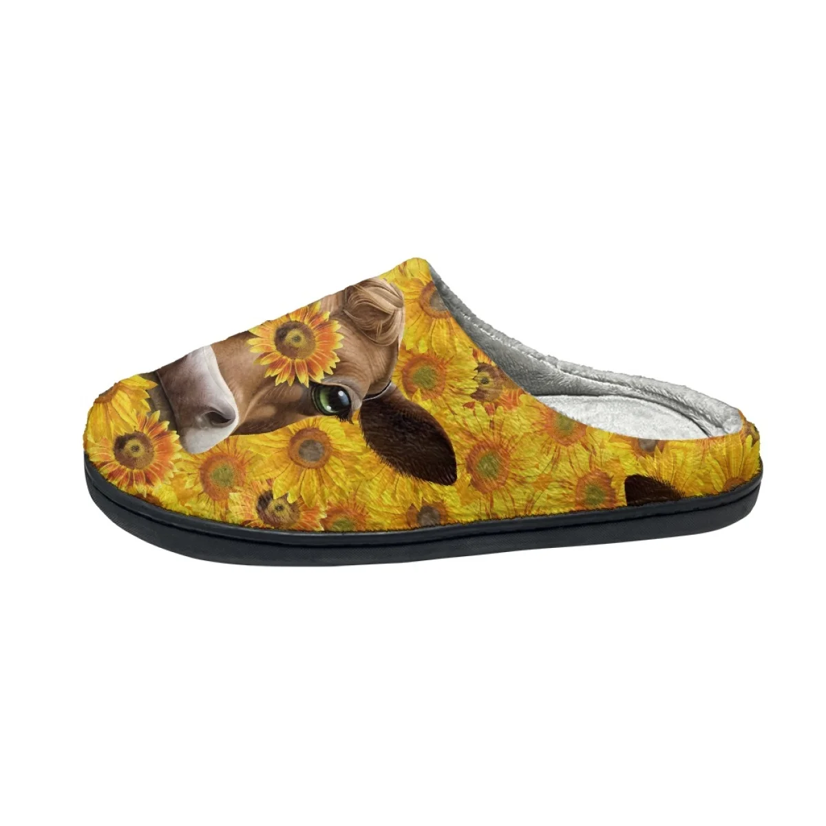 Cute Cartoon Sunflower Cow Pattern Autumn Winter Home Non-slip Cotton Slipper Outdoor Dirt Resistant Woman Men Plush Slippers
