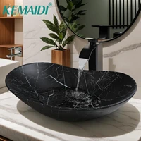 KEMAIDI Black Ceramic Vessel Sink with Faucet and Drain Combo 24 inch Oval Above Counter Bathroom Sink Bowl with Marbling Basin 1